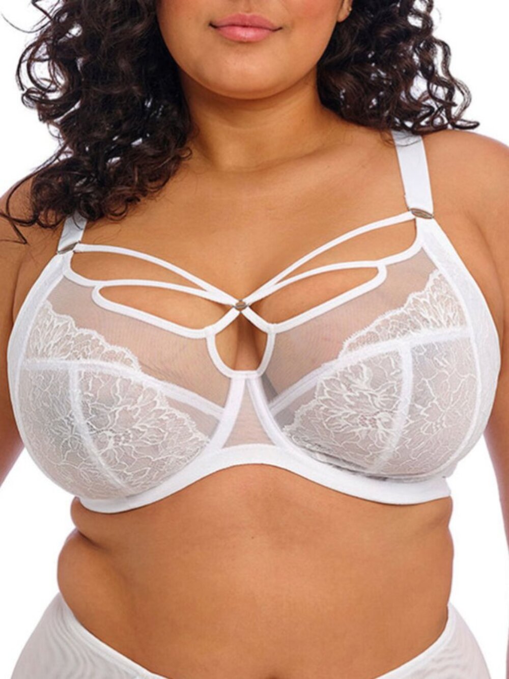ELOMI Brianna Underwire Plunge Mesh Lace Bra in White Size 44H Feminine